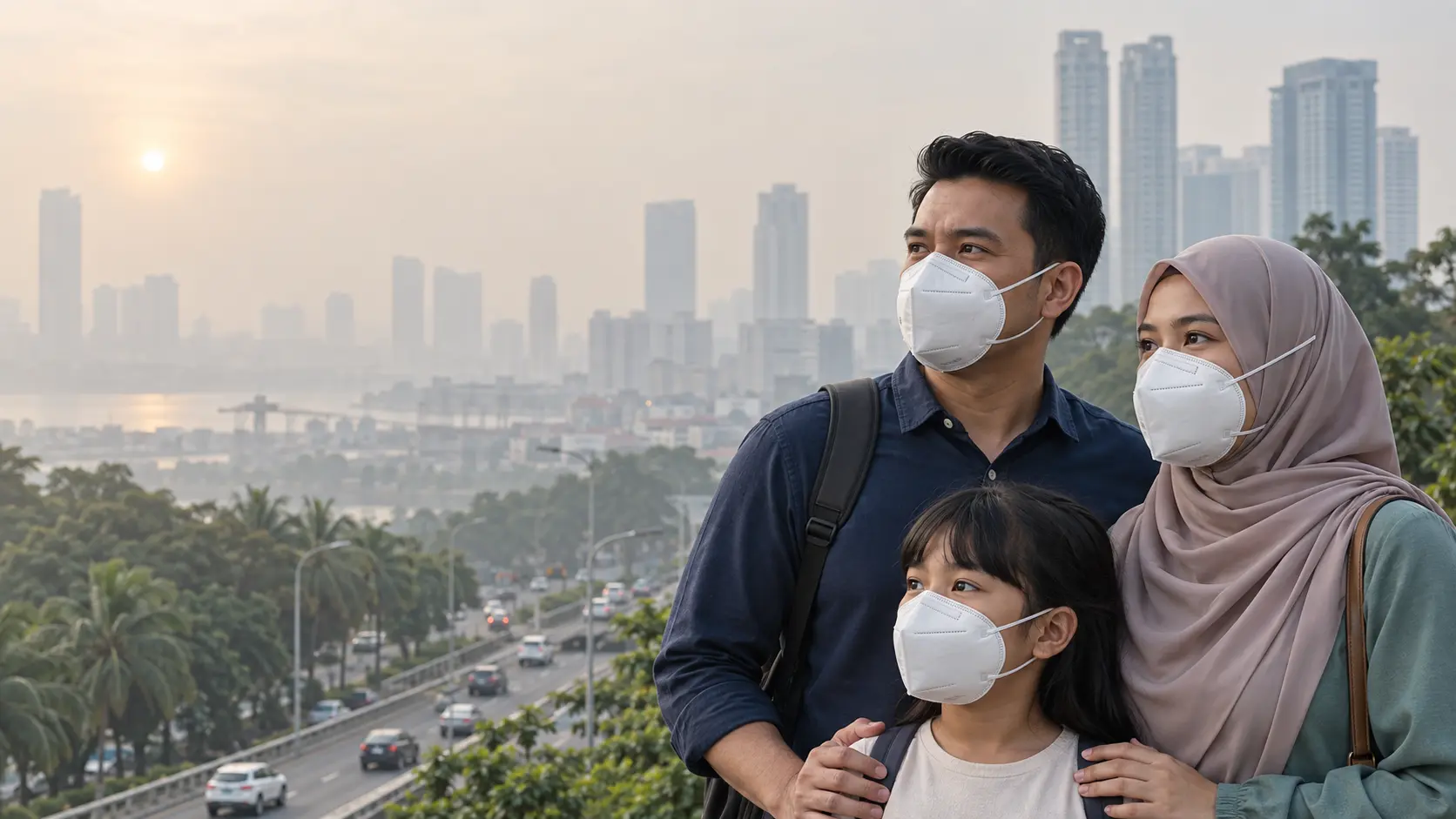 Keluarga Malaysia memakai respirator N95 ketika cuaca berjerebu