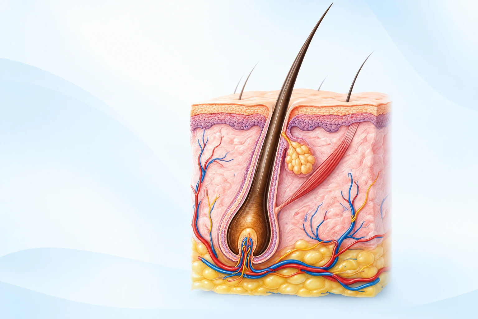 Ilustrasi anatomi folikel rambut, hair shaft, bulb, dermal papilla, sebaceous gland dan arrector pili