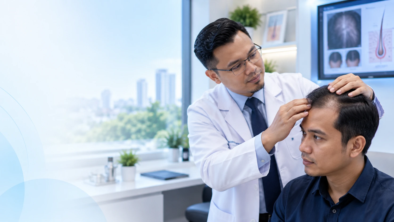 Konsultasi dan pemeriksaan rambut gugur oleh doktor di klinik