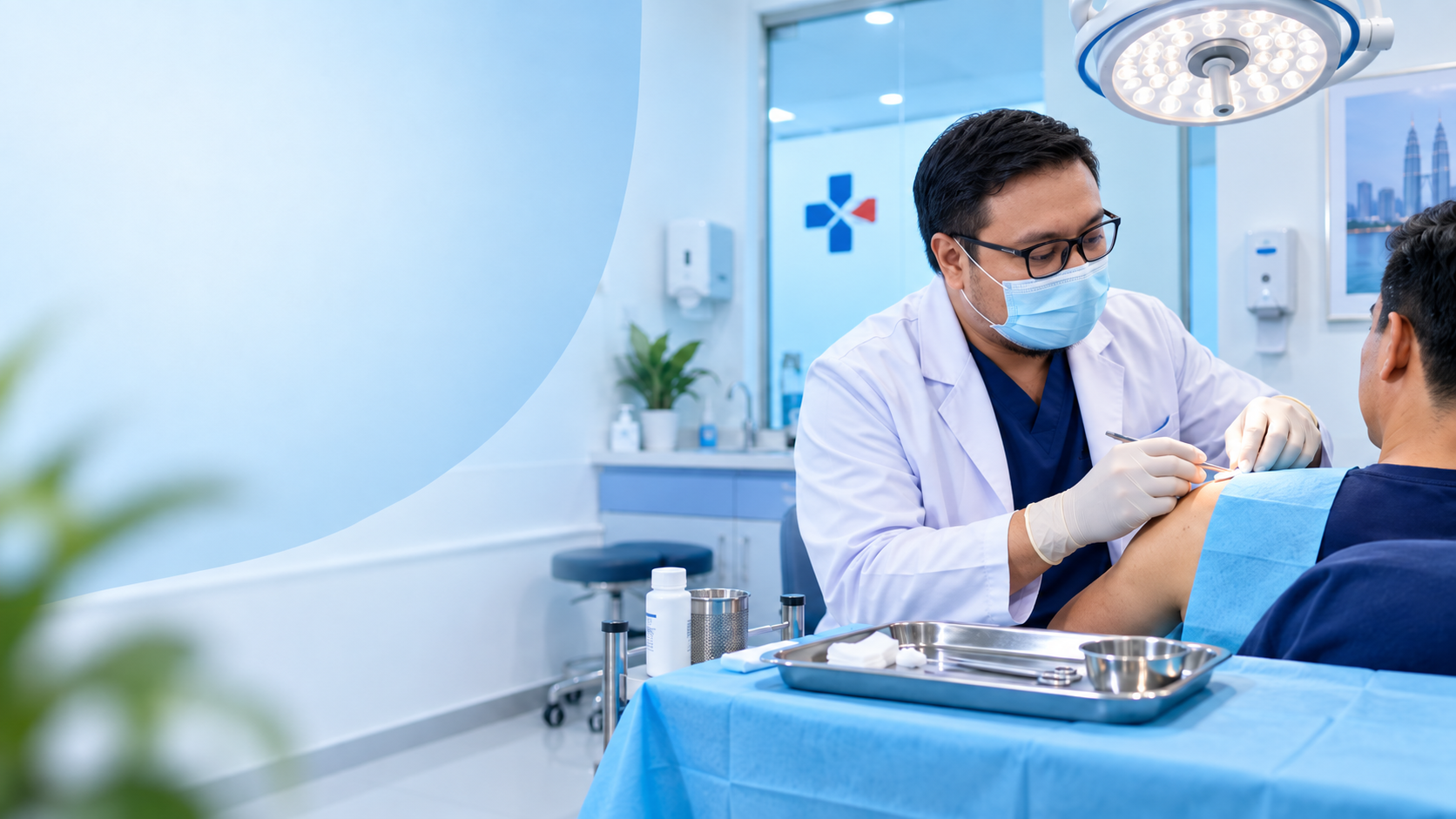Dr Anwar melakukan prosedur minor skin surgery di bilik rawatan klinik moden